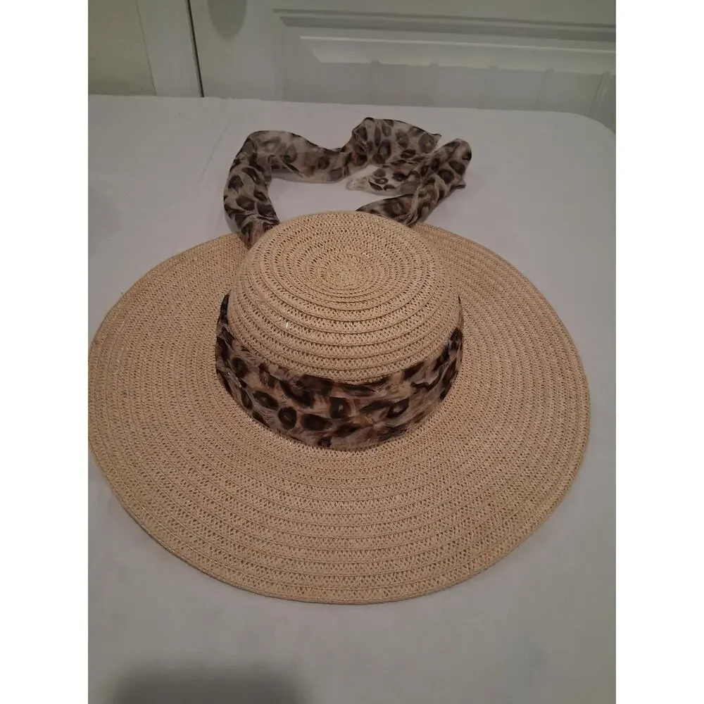 Women's Tan Straw Sun Hat Leopard Scarf Tie Wide Brim Style CS-7-8 Size 57cm